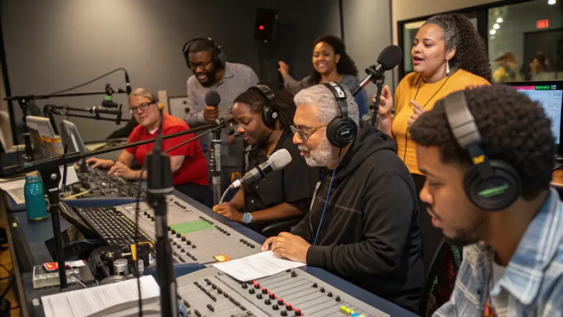 Diverse group of radio volunteers working together at broadcasting mixing desk during live show