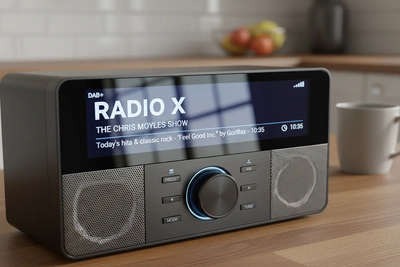 Digital DAB radio receiver displaying station information