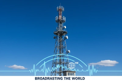 FM radio transmitter tower against blue sky