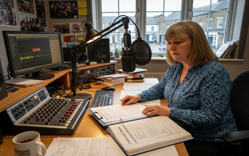 Community radio station manager reviewing Ofcom compliance checklist and broadcasting standards