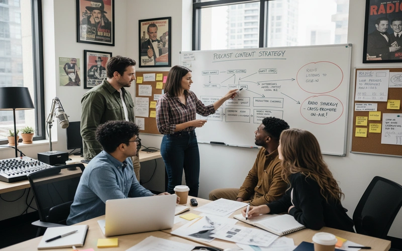 Radio station team planning podcast content strategy with whiteboard and notes