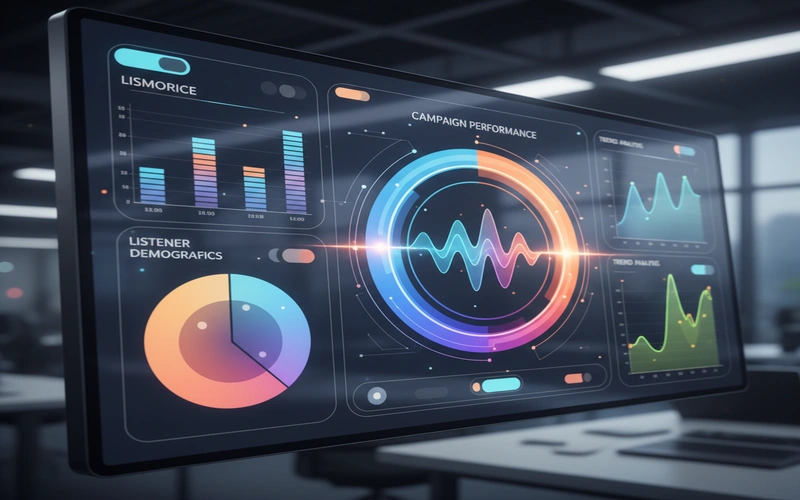 Dashboard showing radio advertising campaign performance metrics and listener demographics