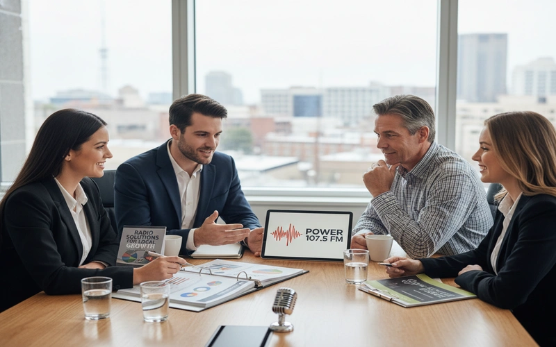 Radio station sales team meeting with local business owner discussing advertising packages