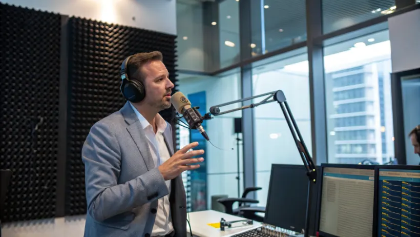 Professional radio presenter speaking into microphone in modern broadcasting studio with soundproofing panels